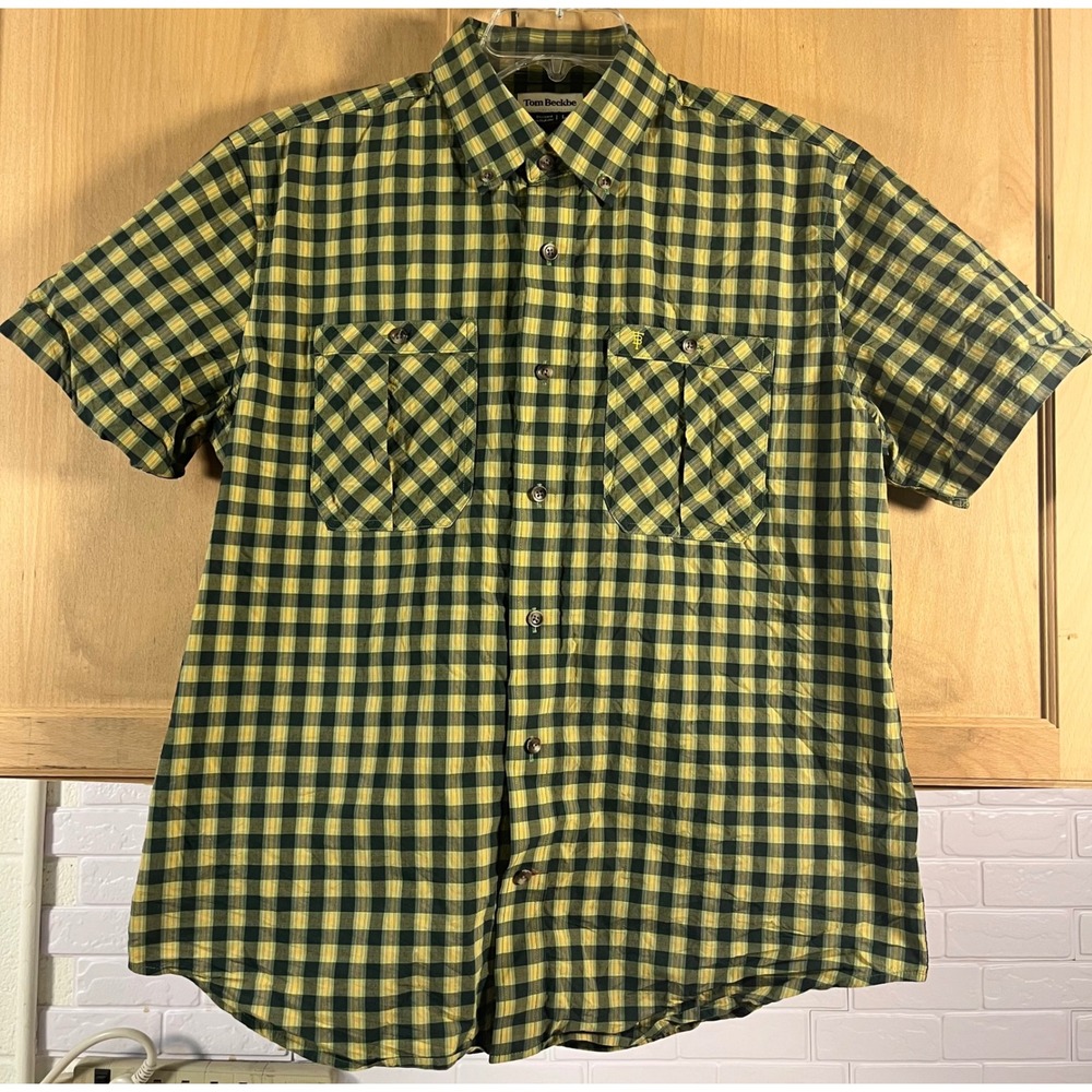 Tom Beckbe Button Down Shirt Mens Large Green Yellow Gingham Short Sleeve Pocket